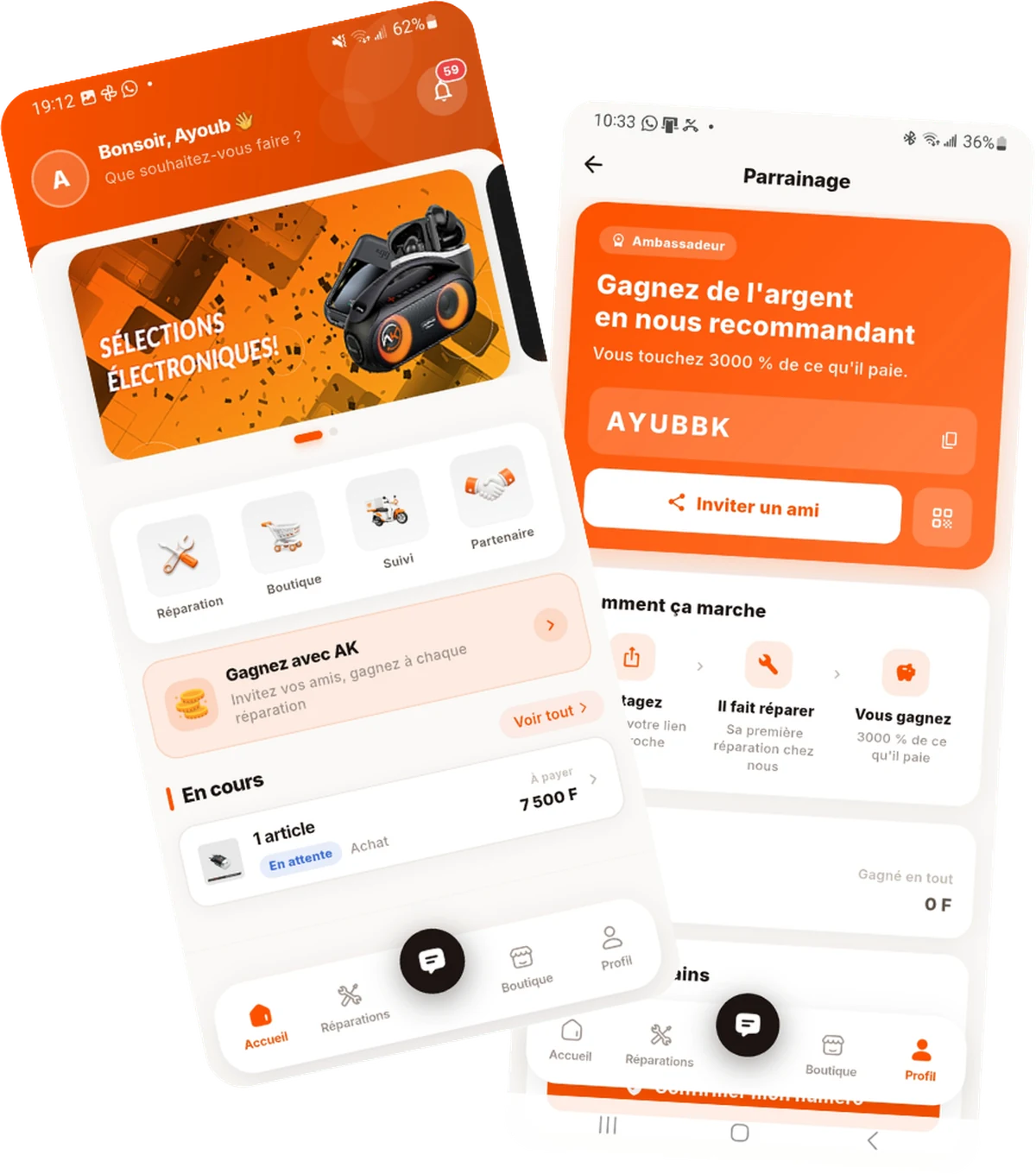 L'espace ambassadeur dans l'application AK : l'accueil et l'écran de parrainage avec le code d'invitation.