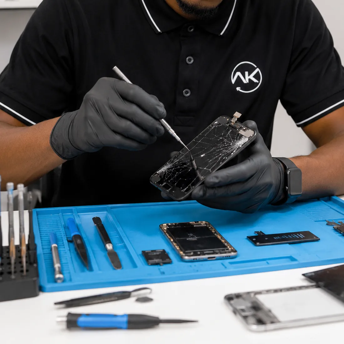Un technicien d'AK pose un écran à l'atelier